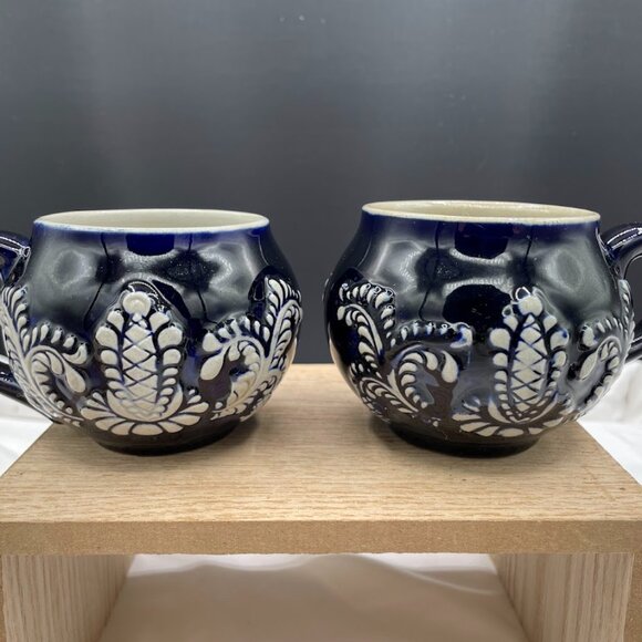 Set of 4 Wick-Werke Germany Cobalt Blue Mugs Cups Floral Leaves Pineapples - Picture 5 of 15
